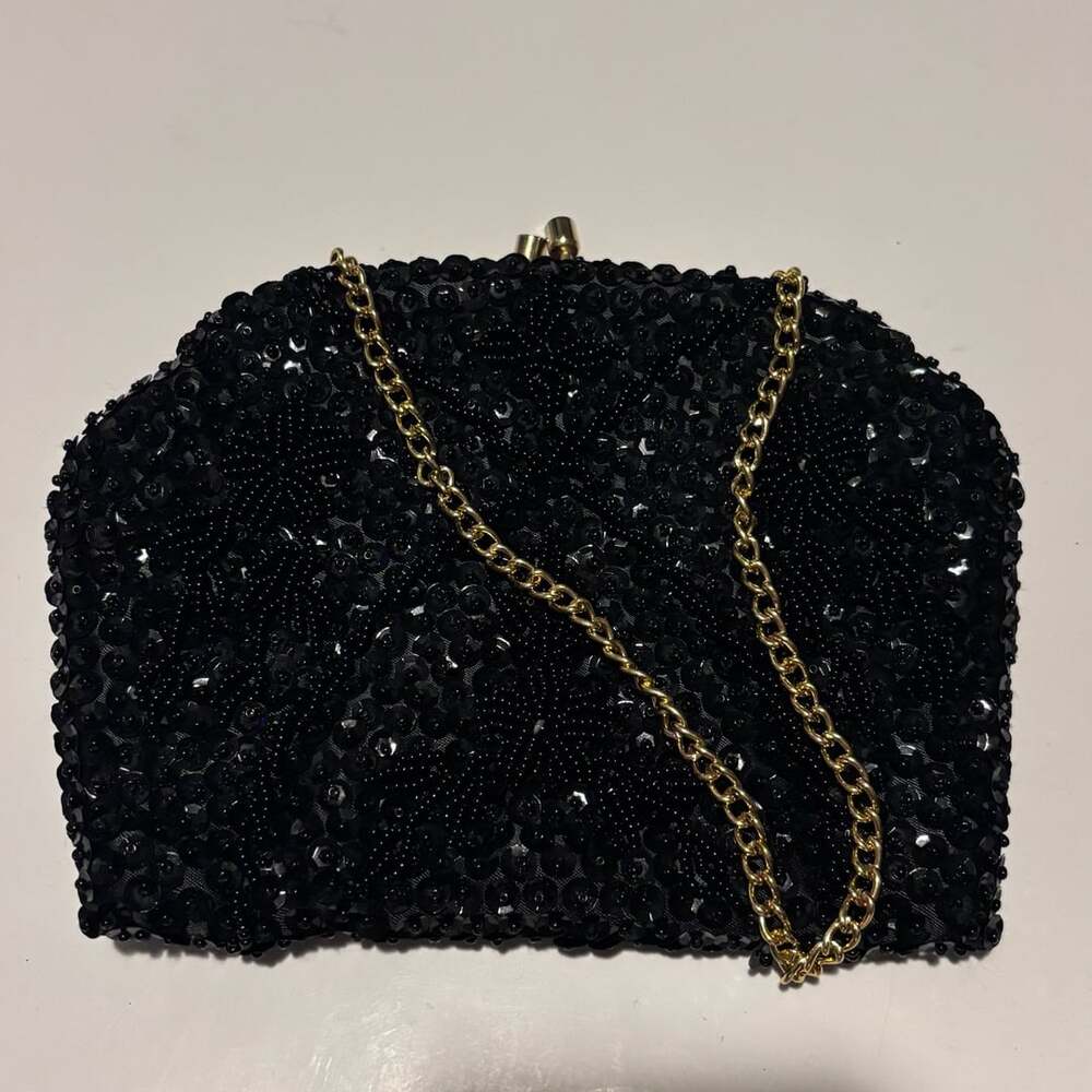 Vintage Hand Made in Hong Kong Black Beaded Sequin Evening Bag Clutch Purse